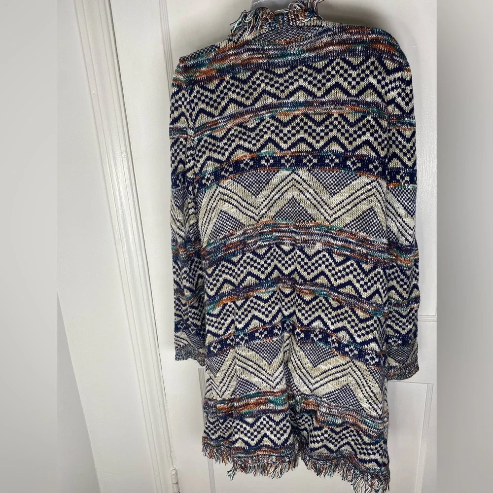 new directions Multicolor Fringe Open Front Cardigan - Cream, Navy, Brown, Teal - Picture 3 of 4